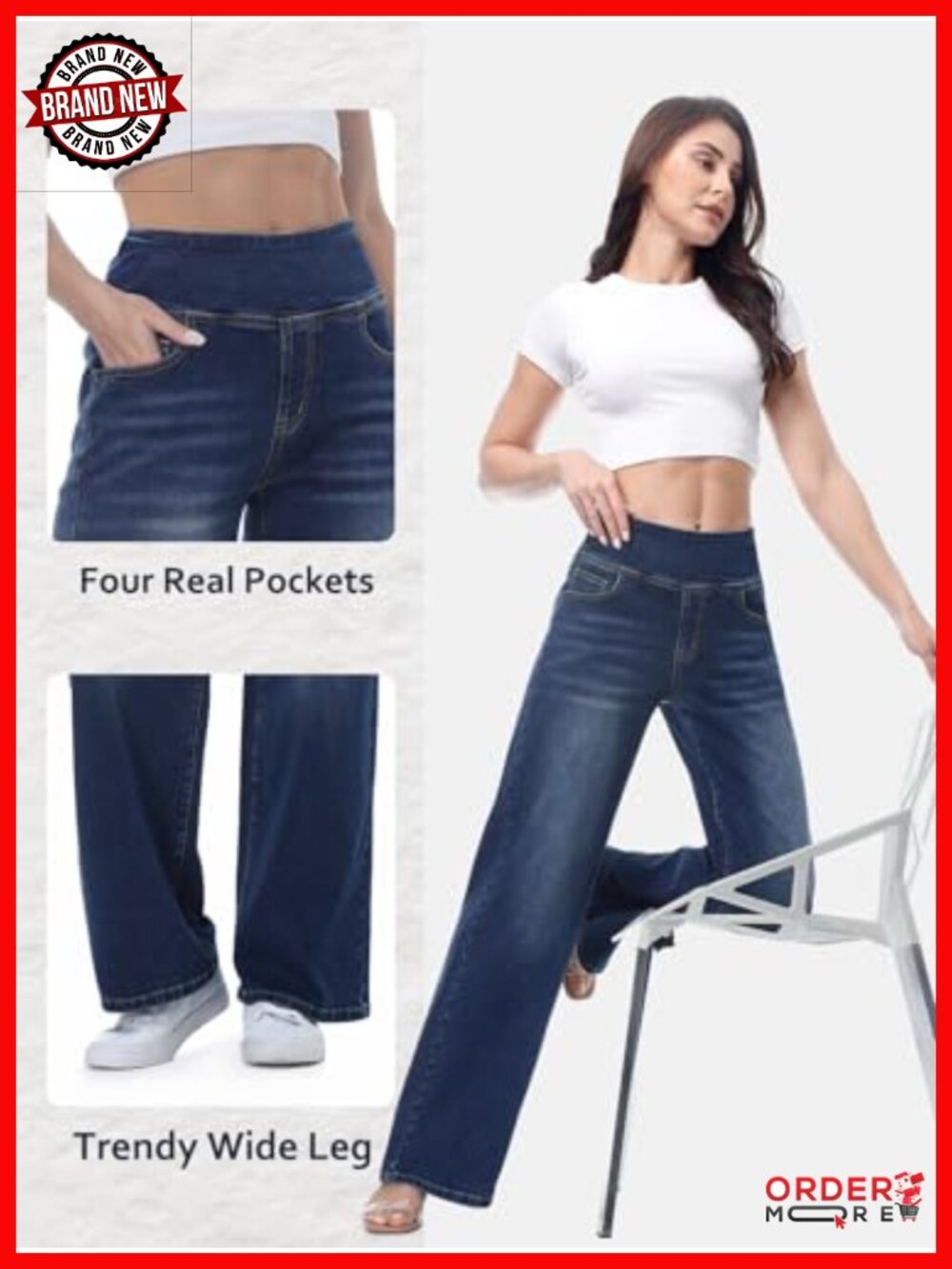 Pull On Wide Leg Jeans High Waisted Stretchy Tummy Control Denim Pants - Picture 5 of 6